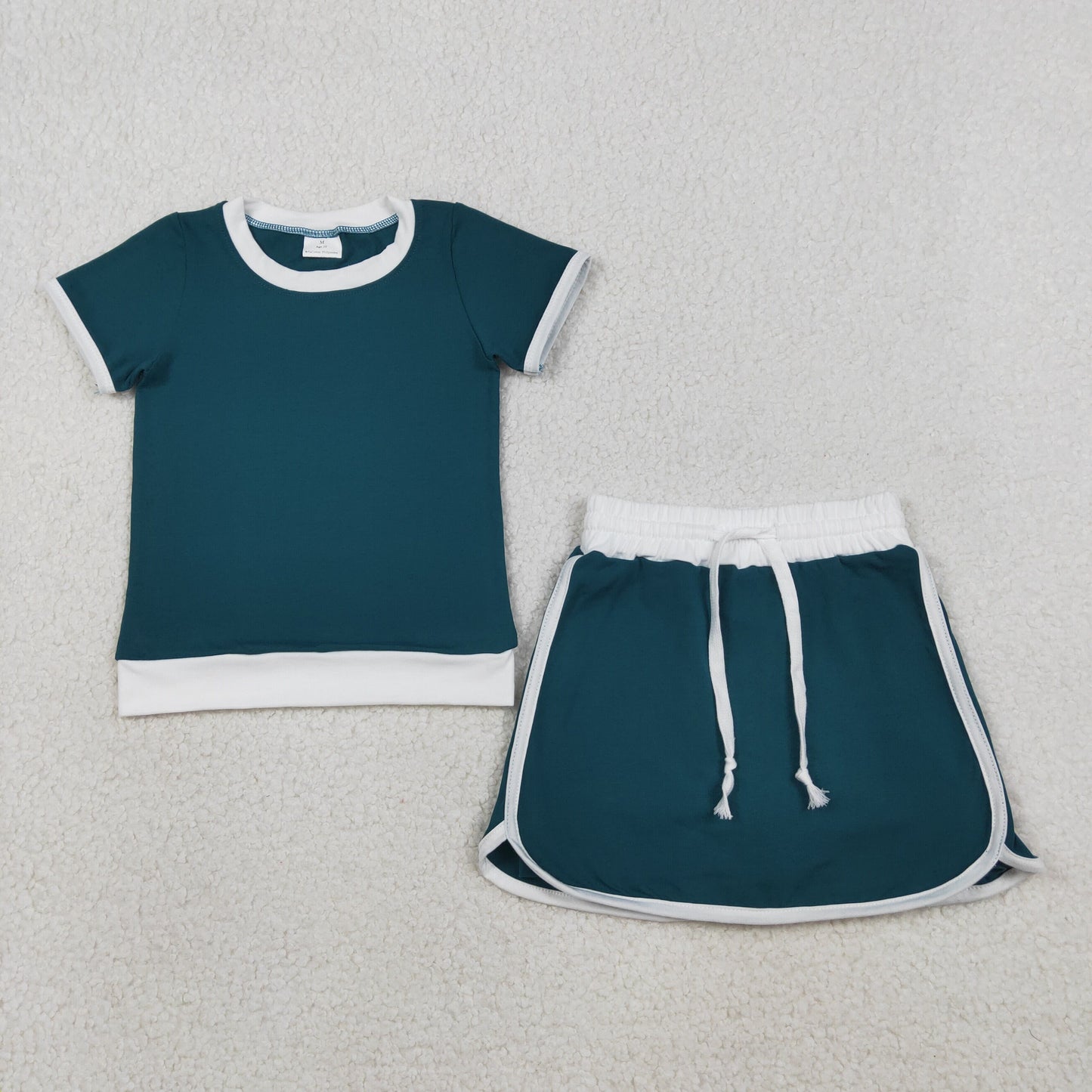 RTS NO MOQ Sibling  Mom And Me Dark Green Short Sleeve Top Skirt Shorts Cotton Clothes Set
