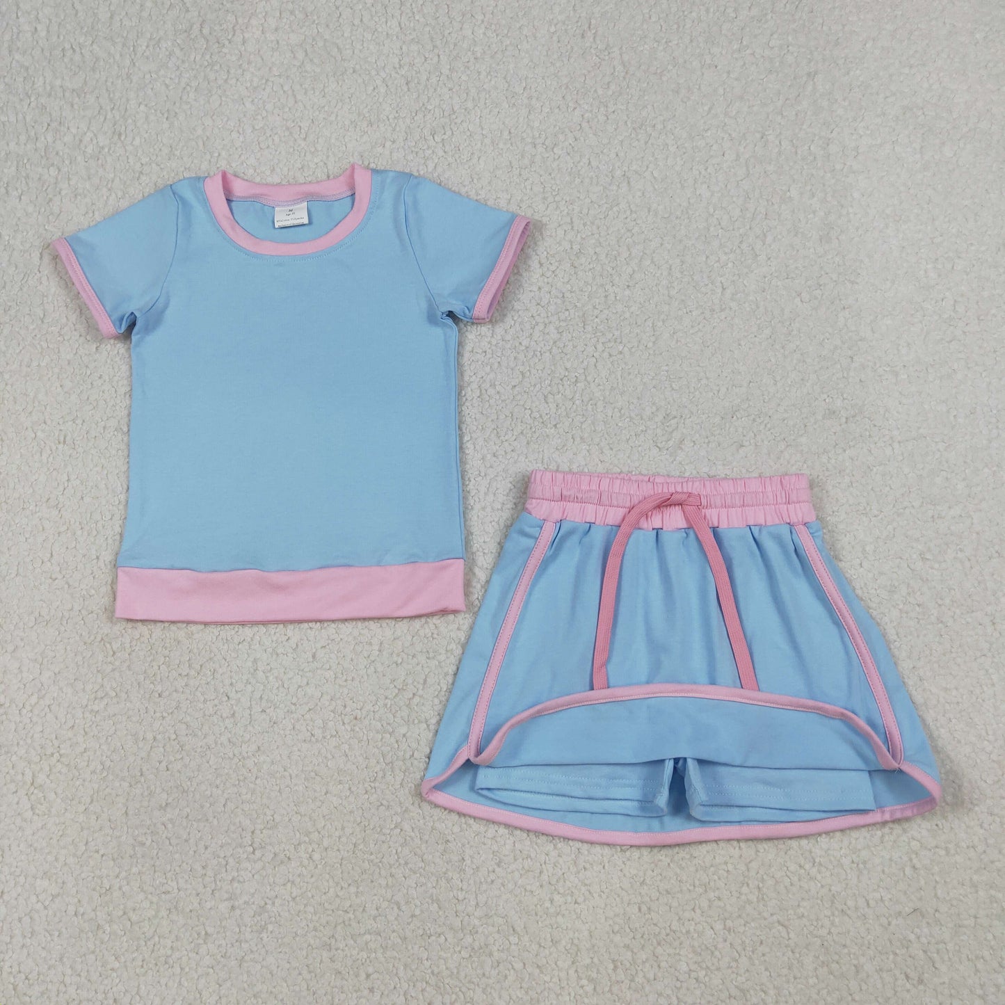 RTS NO MOQ Sibling  Mom And Me Blue Cotton Short Sleeve Top Skirt Shorts Set