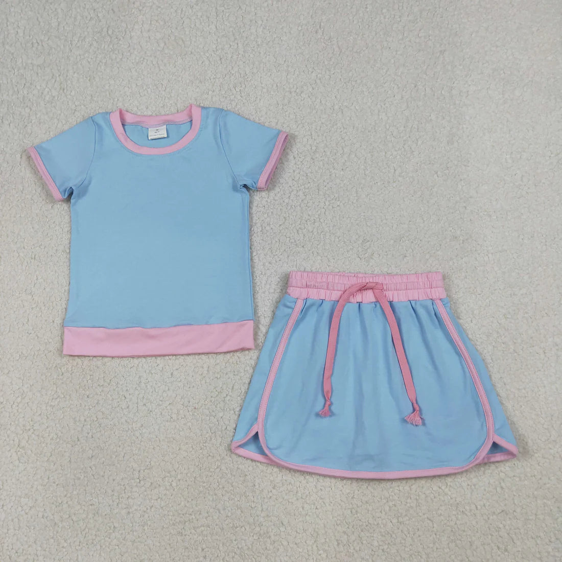 Best Sell RTS Blue Pink Color block Short sleeve Skirt Short Cotton Clothes Outfit Sets