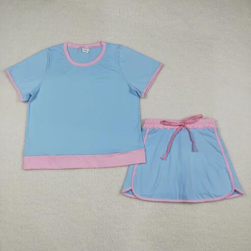 RTS NO MOQ Sibling  Mom And Me Pink  Short Sleeve Top Skirt Shorts for Summer Casual Wear Cotton Clothes Set