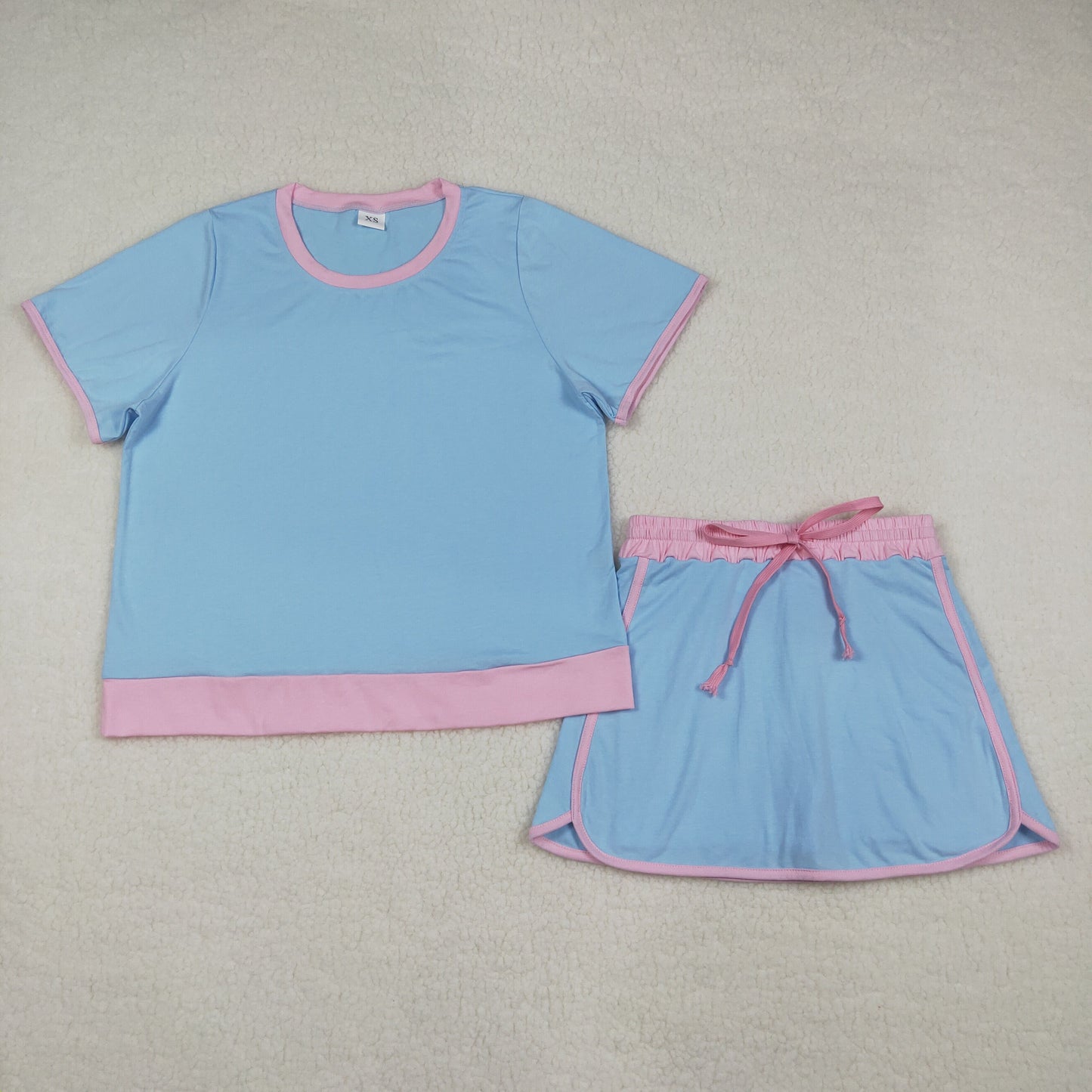 RTS NO MOQ GSD3674 Women's Blue Cotton Short Sleeve Top Skirt Shorts Set