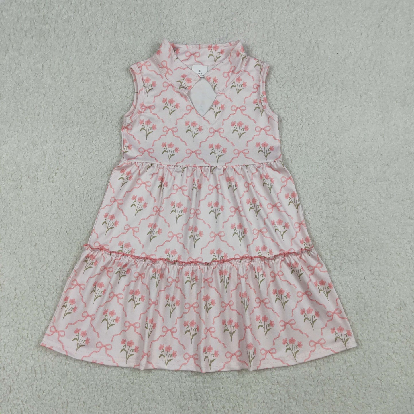 RTS NO MOQ GSD3678 Baby Girls Sleeveless Knee-Length Dress Pink Bow Flowers Checked Cute Summer Dress