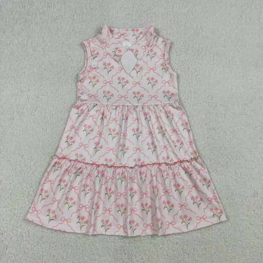 RTS NO MOQ GSD3678 Baby Girls Sleeveless Knee-Length Dress Pink Bow Flowers Checked Cute Summer Dress