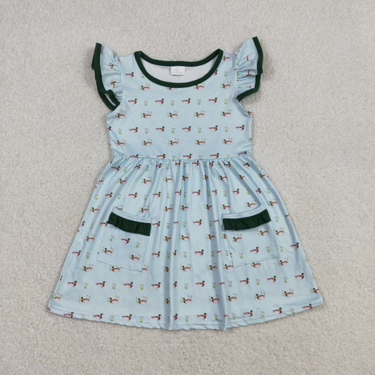 RTS NO MOQ GSD3679 Baby Girls Knee-Length Dress with Flutter Sleeves And Duck Pockets Hunting Theme Casual Wear for Little Girls