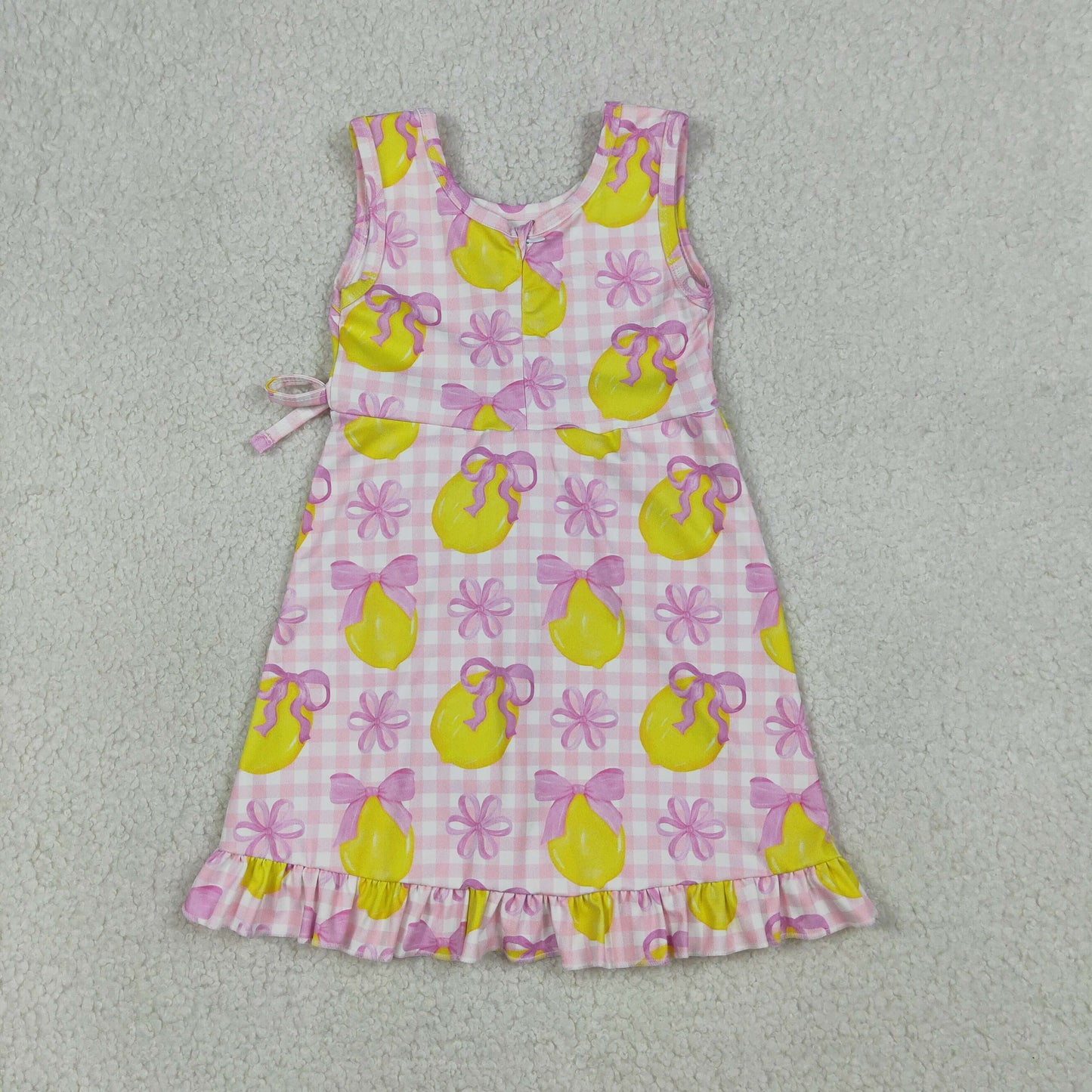 RTS NO MOQ Sibling Baby Girls Checked Bows Lemons Ruffle Yoga Active Shorts Knee-Length Dress