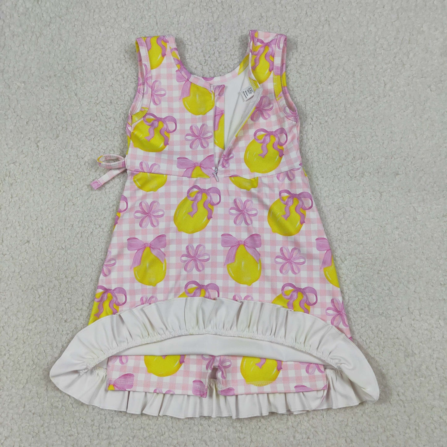 RTS NO MOQ Sibling Baby Girls Checked Bows Lemons Ruffle Yoga Active Shorts Knee-Length Dress