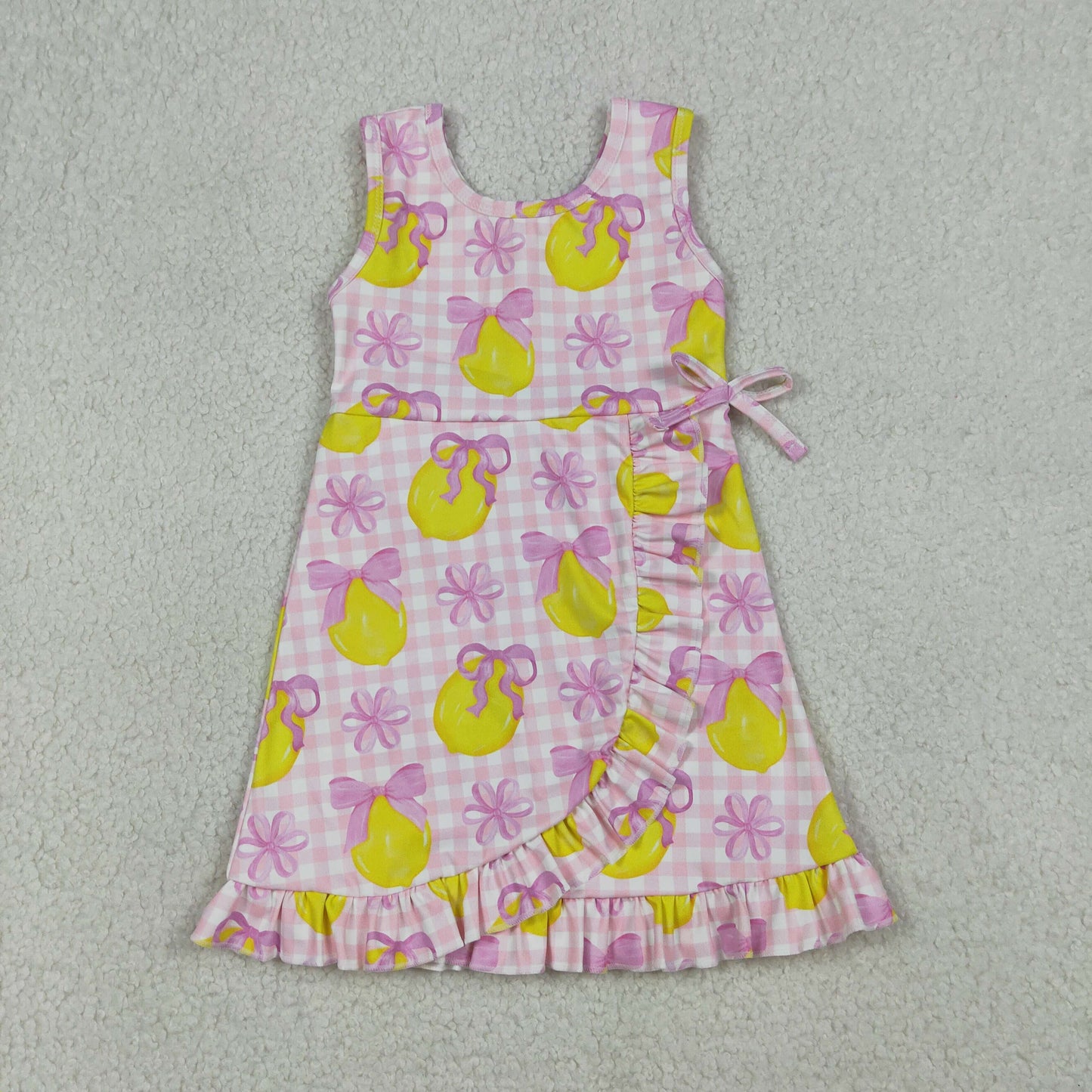 RTS NO MOQ GSD3683 Baby Girls Pink Checked Bows Lemons Ruffle Yoga Active Shorts Knee-Length Dress