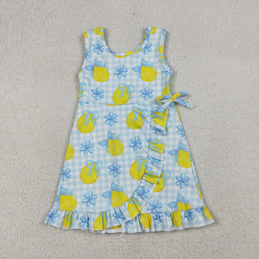 Best Sell RTS Baby Girls Blue Checked Dress with Bow Lemons Back Zip Ruffle Knee Length Yoga Active Shorts for Kids