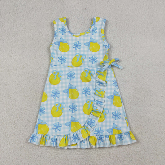 RTS NO MOQ GSD3684 Baby Girls Blue Checked Dress with Bow Lemons Back Zip Ruffle Knee Length Yoga Active Shorts for Kids