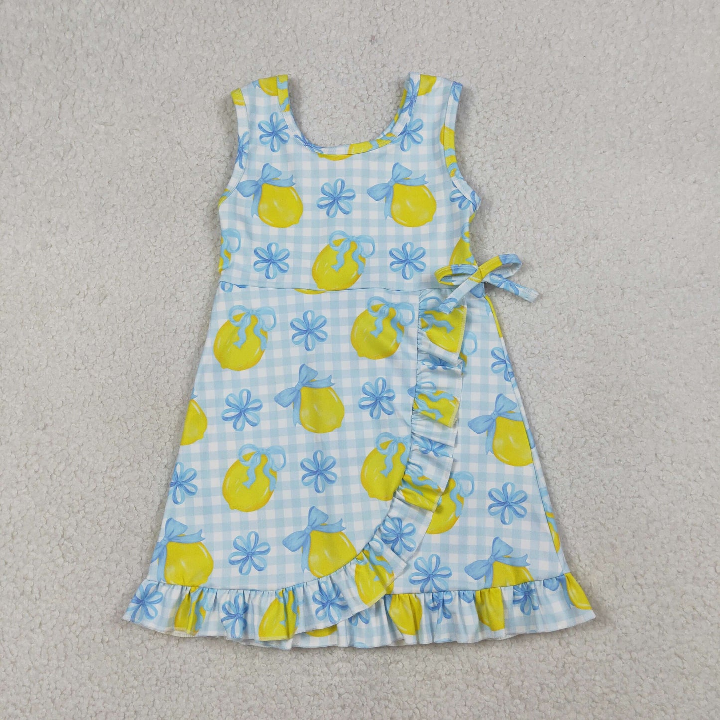RTS NO MOQ Sibling Baby Girls Checked Bows Lemons Ruffle Yoga Active Shorts Knee-Length Dress