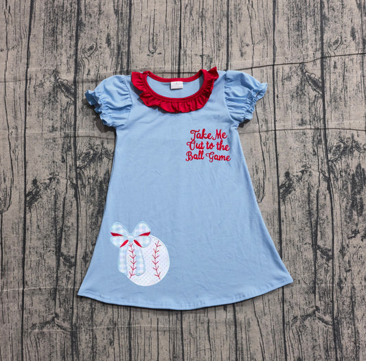 (Sample) No moq GSD3685 Embroidery Baby Girls Knee-Length Dress with Baseballs Bows Team Collar Design Girls Dress