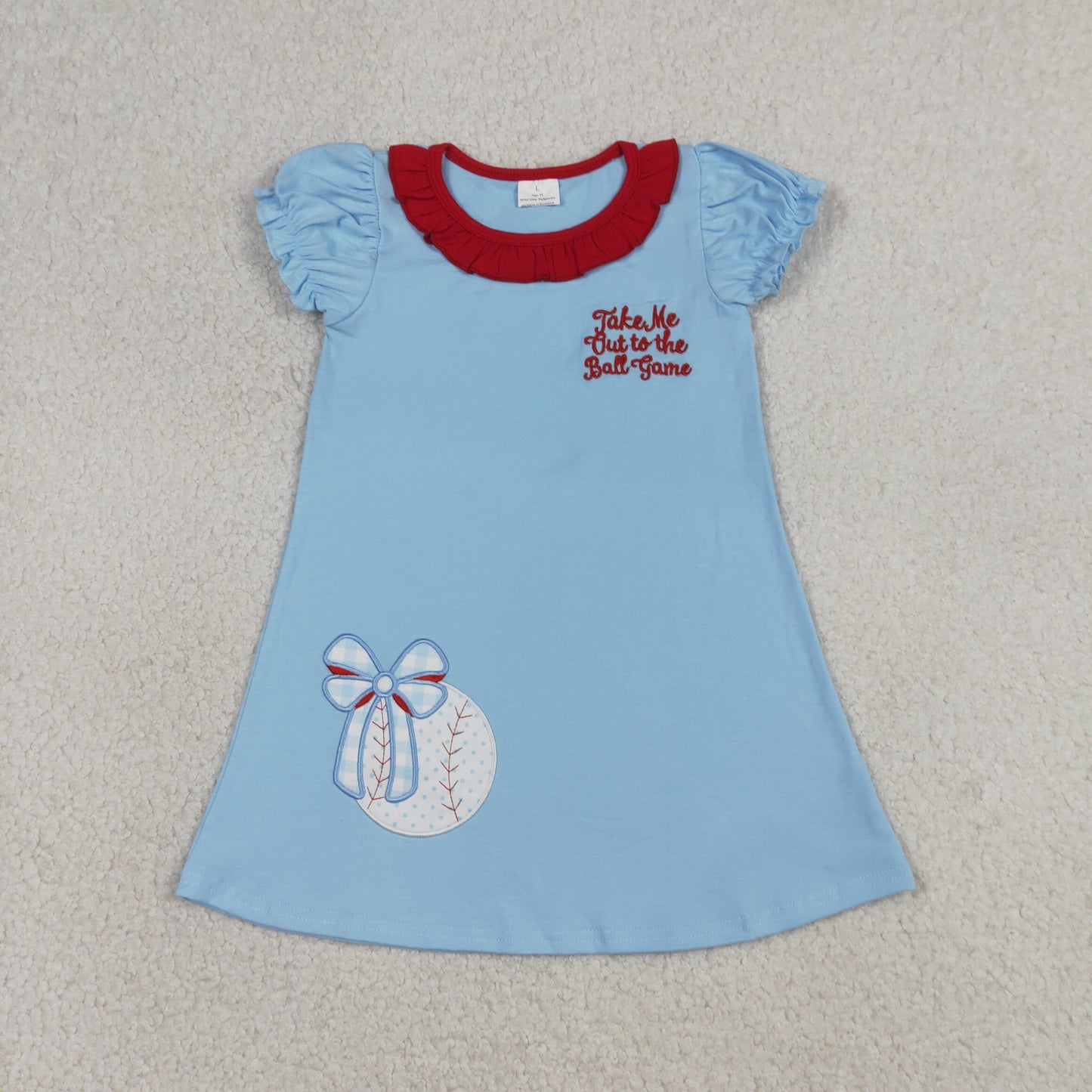 RTS NO MOQ GSD3685 Baby Girls Team Embroidery Baseballs Bows Knee Length Dresses
