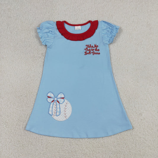 RTS NO MOQ GSD3685 Baby Girls Team Embroidery Baseballs Bows Knee Length Dresses
