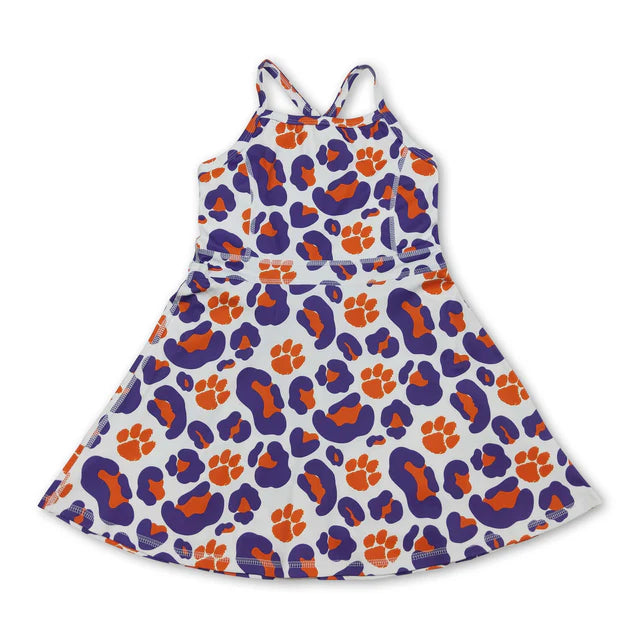 RTS NO MOQ Sibling yoga fabric Baby Girls Strap Leopard Print Team Yoga Knee Length Dress