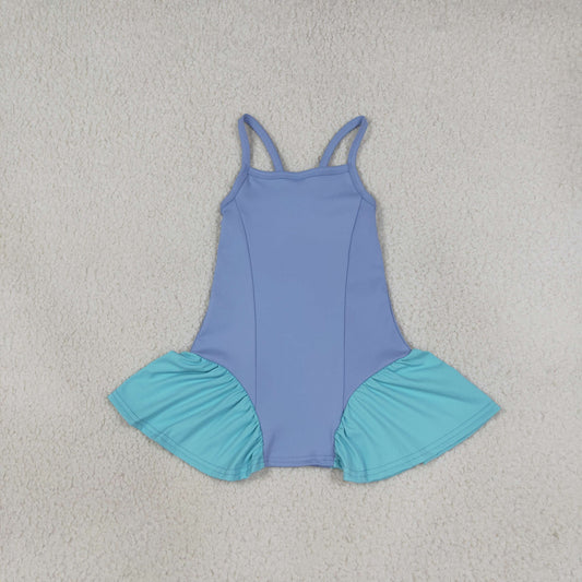 NEW RTS NO MOQ yoga fabric cotton GSD3693 Yoga Baby Girls Blue Strap Yoga Active Shorts Knee Length Casual Summer Dress