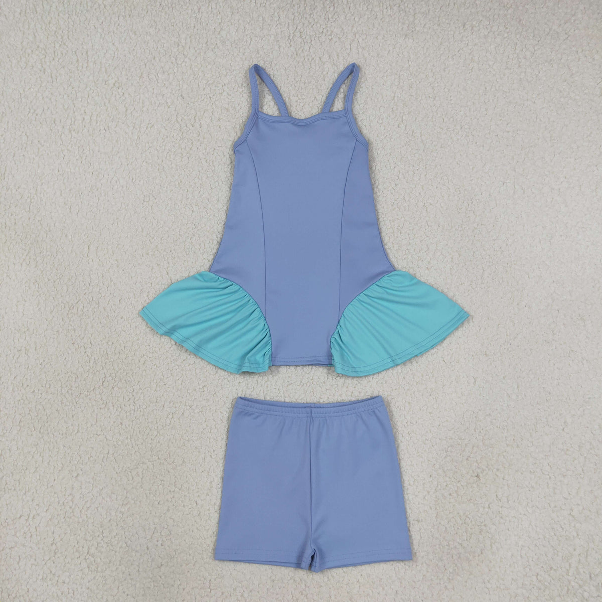 NEW RTS NO MOQ yoga fabric cotton GSSO3264（GSD3693+SS0831） Yoga Baby Girls Blue Strap Tunic Shorts Yoga Set
