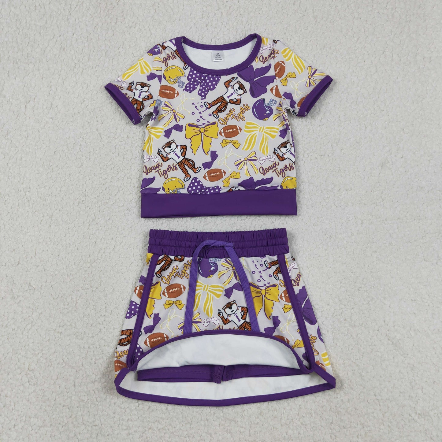 RTS NO MOQ Sibling Baby Girls Team Clothes Set Short Sleeve Bows Football Top Skirt Shorts Outfit for Little Girls