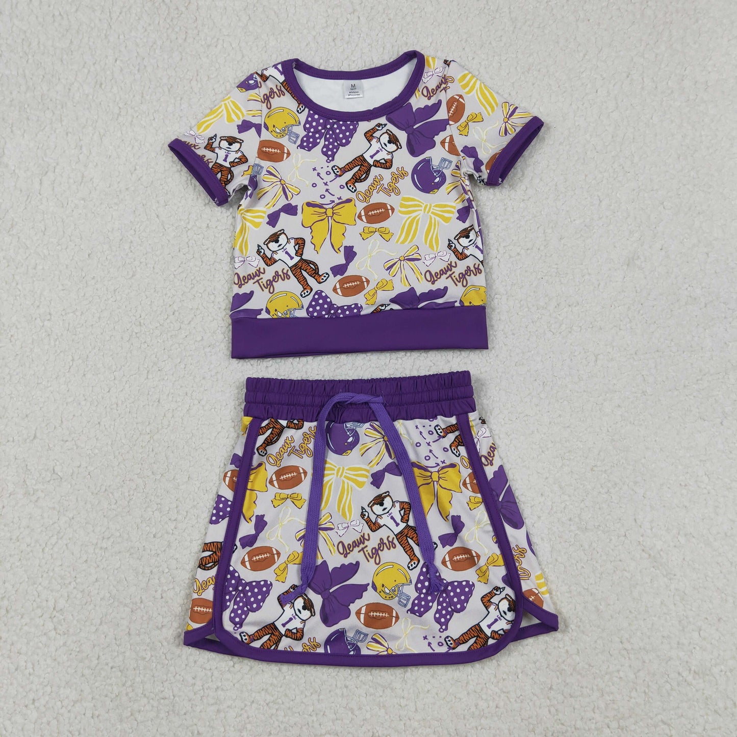 RTS NO MOQ Sibling Baby Girls Team Clothes Set Short Sleeve Bows Football Top Skirt Shorts Outfit for Little Girls