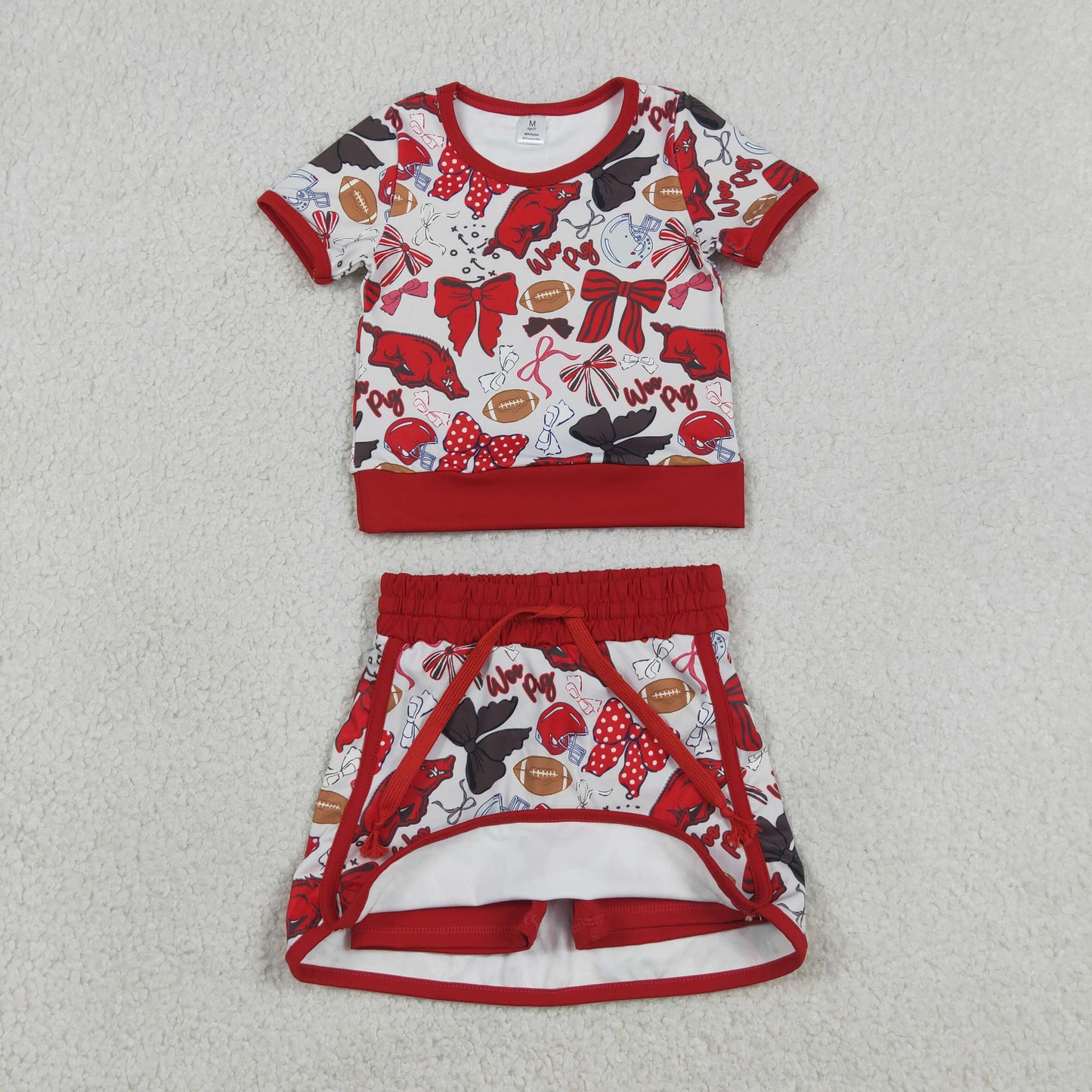 RTS NO MOQ Sibling Baby Girls Team Clothes Set Short Sleeve Bows Football Top Skirt Shorts Outfit