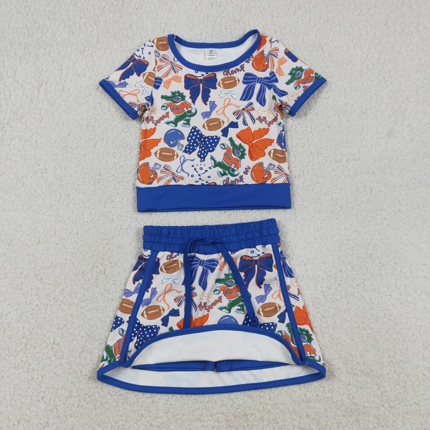 RTS NO MOQ Sibling Baby Girls Team Clothes Set Short Sleeve Bows Football Top Skirt Shorts Outfit