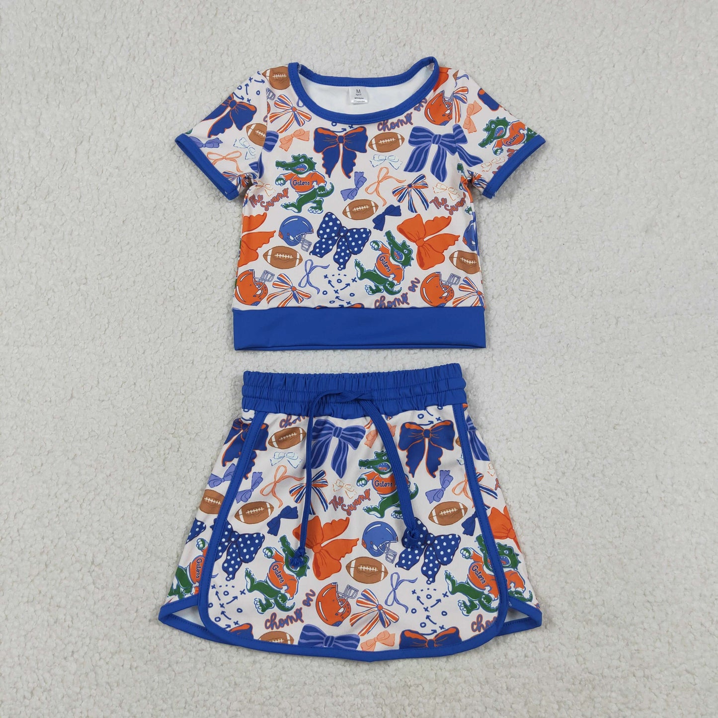 RTS NO MOQ Sibling Baby Girls Team Clothes Set Short Sleeve Bows Football Top Skirt Shorts Outfit