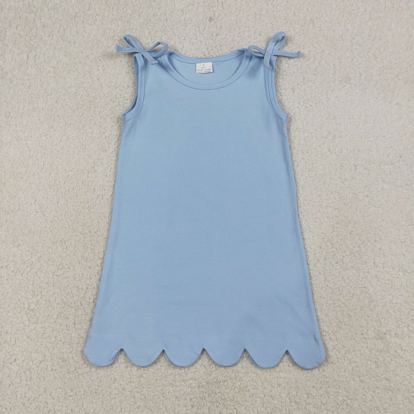 RTS NO MOQ GSD3705 Baby Girls Sleeveless Light Blue Scallop Edge Dress with Bow Knot Knee-Length Casual Wear for Toddlers