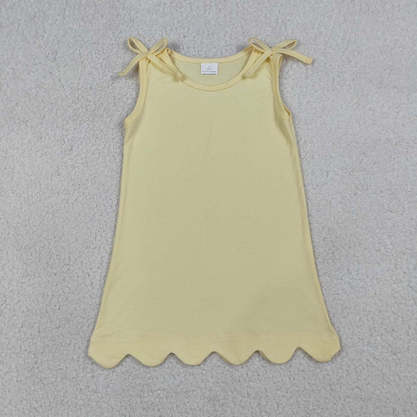 RTS NO MOQ GSD3707 Baby Girls Sleeveless Scallop Edge Light Yellow Knee-Length Dress with Bow