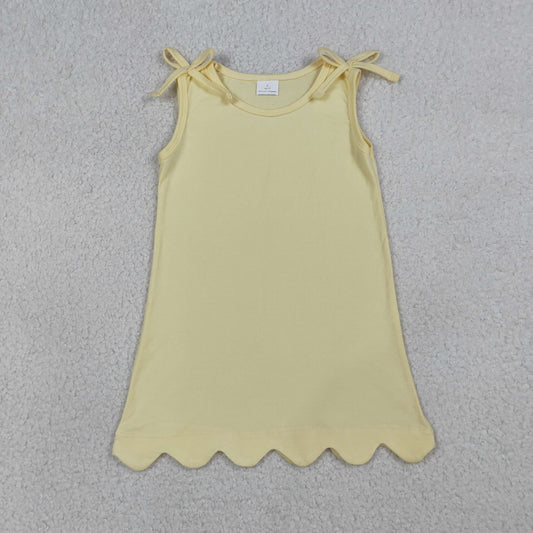 RTS NO MOQ GSD3707 Baby Girls Sleeveless Scallop Edge Light Yellow Knee-Length Dress with Bow