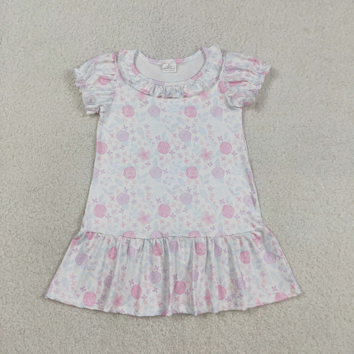 RTS NO MOQ GSD3717 Baby Girls Short Sleeve Ruffle Knee Length Dress Pink Lavender Flowers Cute Infant Girl Outfit