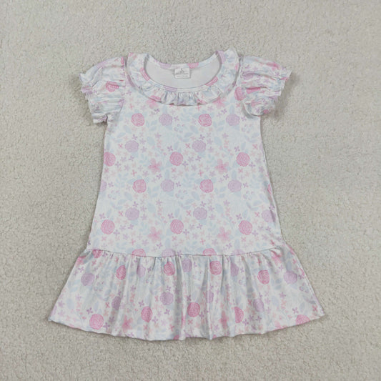 RTS NO MOQ GSD3717 Baby Girls Short Sleeve Ruffle Knee Length Dress Pink Lavender Flowers Cute Infant Girl Outfit