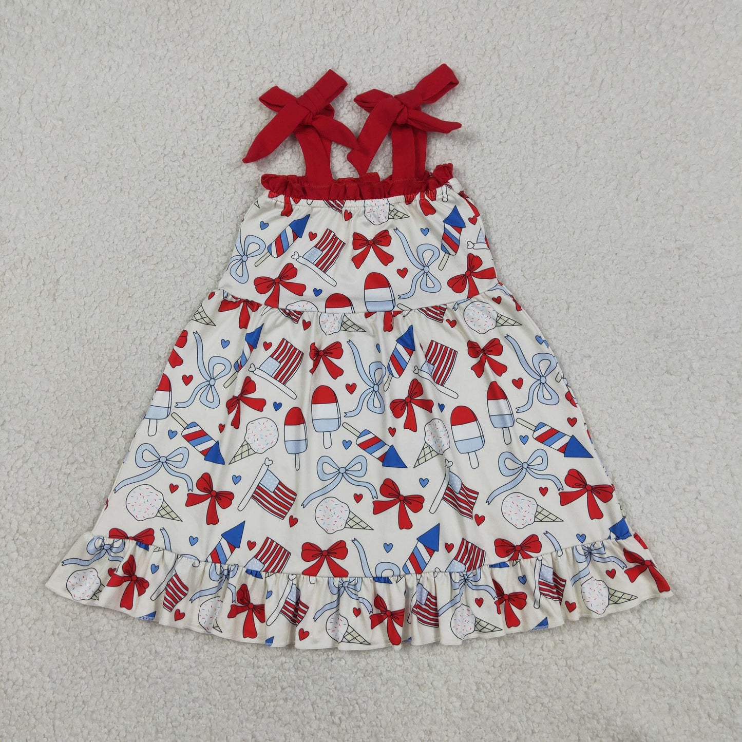 RTS NO MOQ GSD3723 Baby Girls Summer 4th of July Ruffle Popsicle Printed Strap Dress