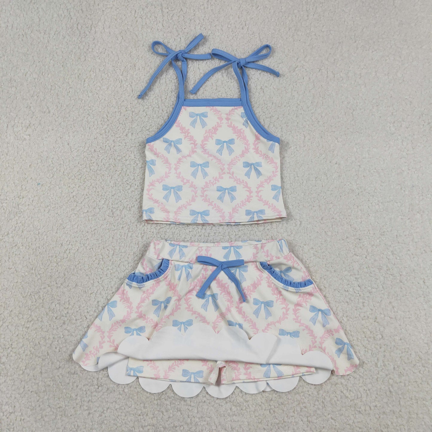 RTS NO MOQ yoga fabric GSD3727 Yoga Baby Girls Cute Summer Strap Bow Flower Top Pocket Scallop Skort Yoga Clothes Set