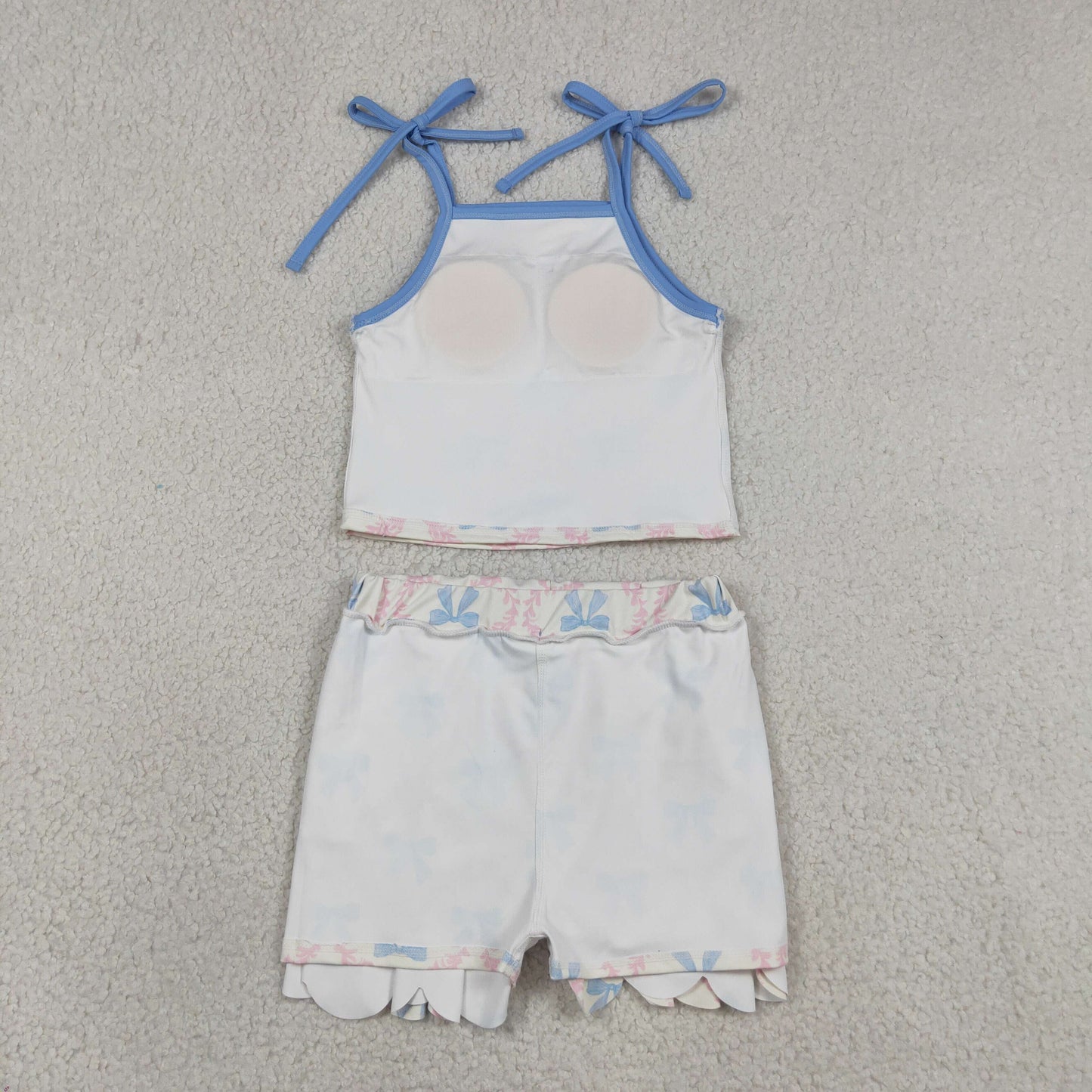 RTS NO MOQ yoga fabric GSD3727 Yoga Baby Girls Cute Summer Strap Bow Flower Top Pocket Scallop Skort Yoga Clothes Set