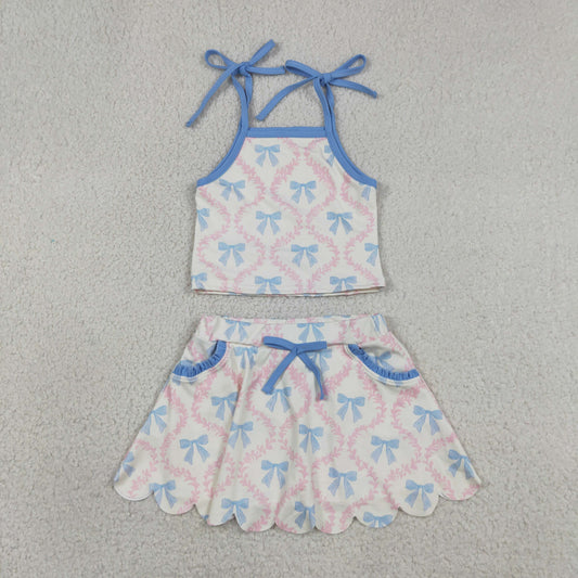 RTS NO MOQ milk silk GSD3727 Baby Girls Strap Bow Floral Top Scallop Pocket Skort Active Set