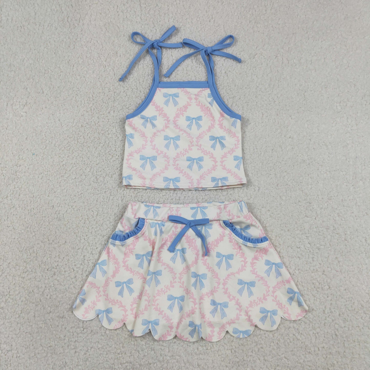 RTS NO MOQ yoga fabric GSD3727 Yoga Baby Girls Cute Summer Strap Bow Flower Top Pocket Scallop Skort Yoga Clothes Set