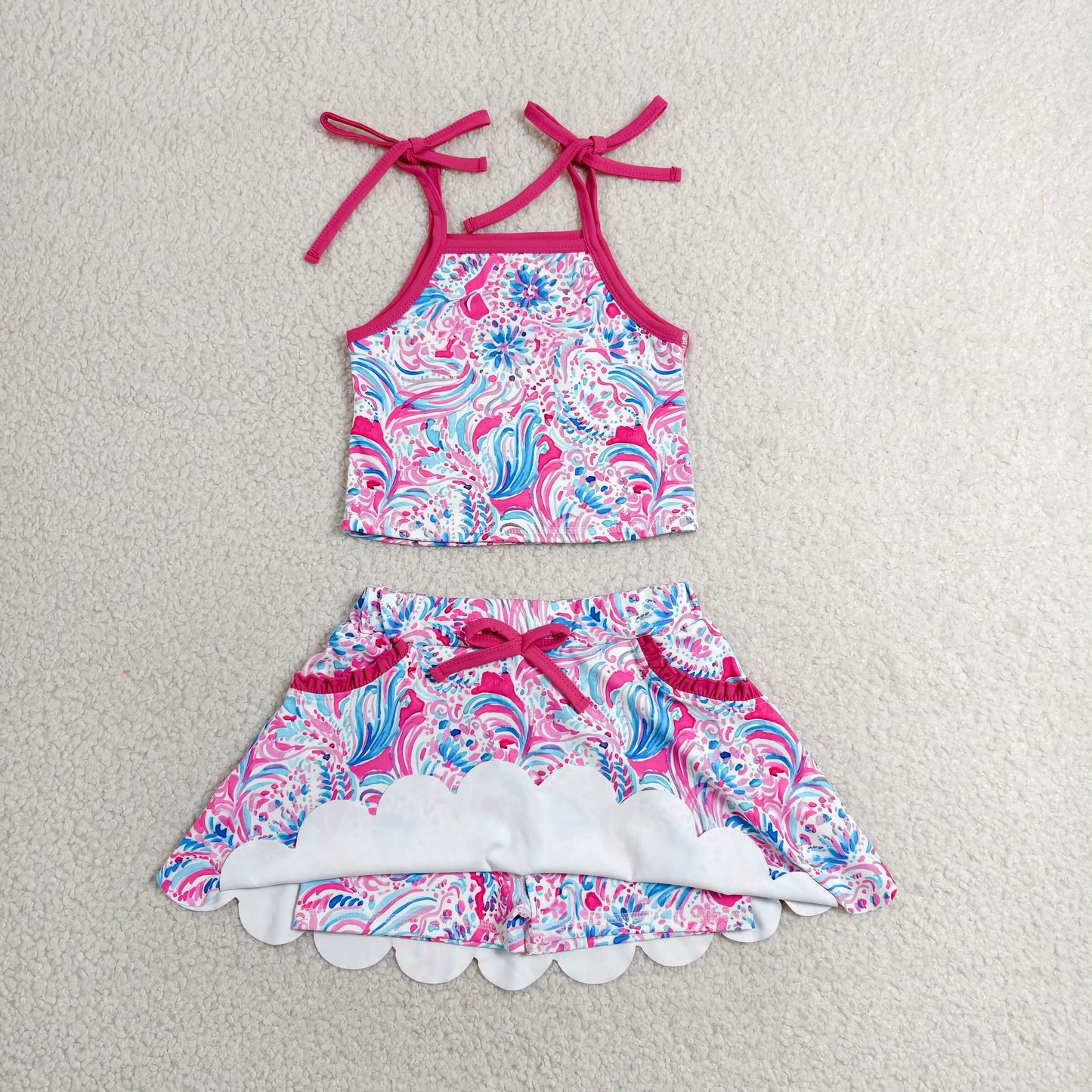 RTS NO MOQ yoga fabric GSD3728 Baby Girls Sea Plants Print Strap Top Pockets Scallop Hem Skort Two Piece Yoga Active Clothes Sets