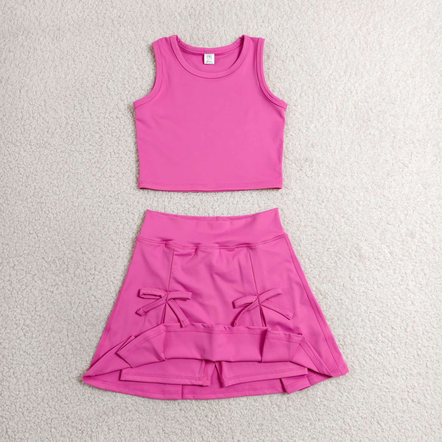 RTS NO MOQ yoga fabric cotton GSD3758 Baby Girls Hot Pink Sleeveless Bow Top Matching Elastic Waist Skort Two Piece Yoga Active Clothes Sets