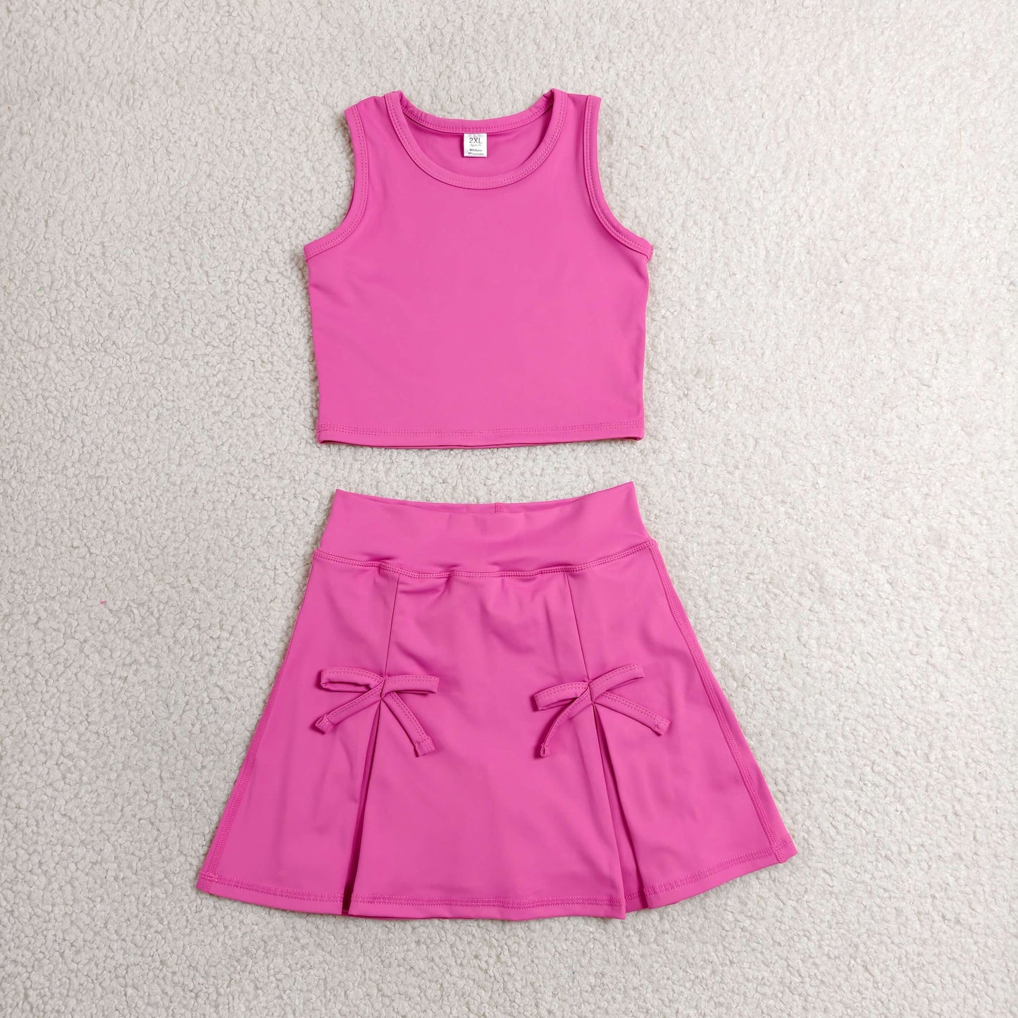 RTS NO MOQ yoga fabric cotton GSD3758 Baby Girls Hot Pink Sleeveless Bow Top Matching Elastic Waist Skort Two Piece Yoga Active Clothes Sets