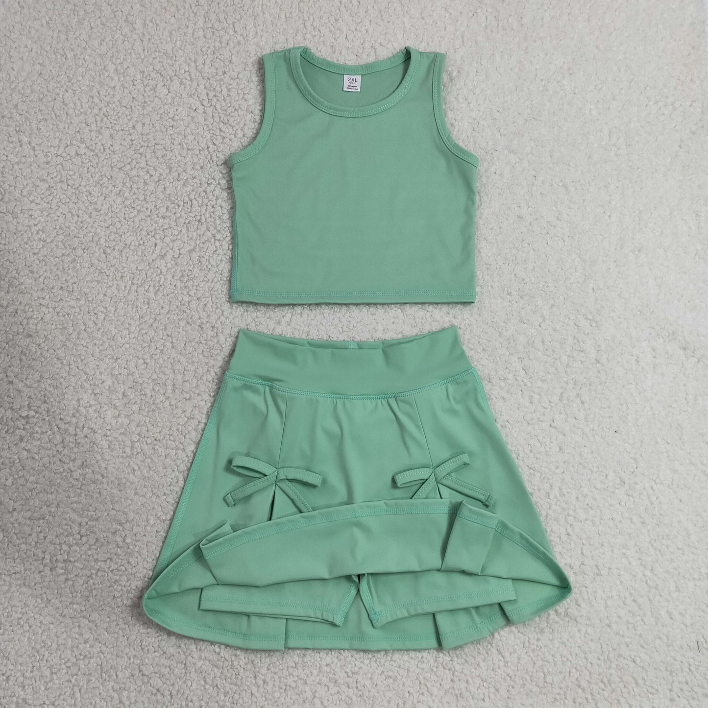 RTS NO MOQ yoga fabric cotton GSD3760 Baby Girls Cute Green Vest Top Bow Skirt Shorts Yoga Active Clothes Set