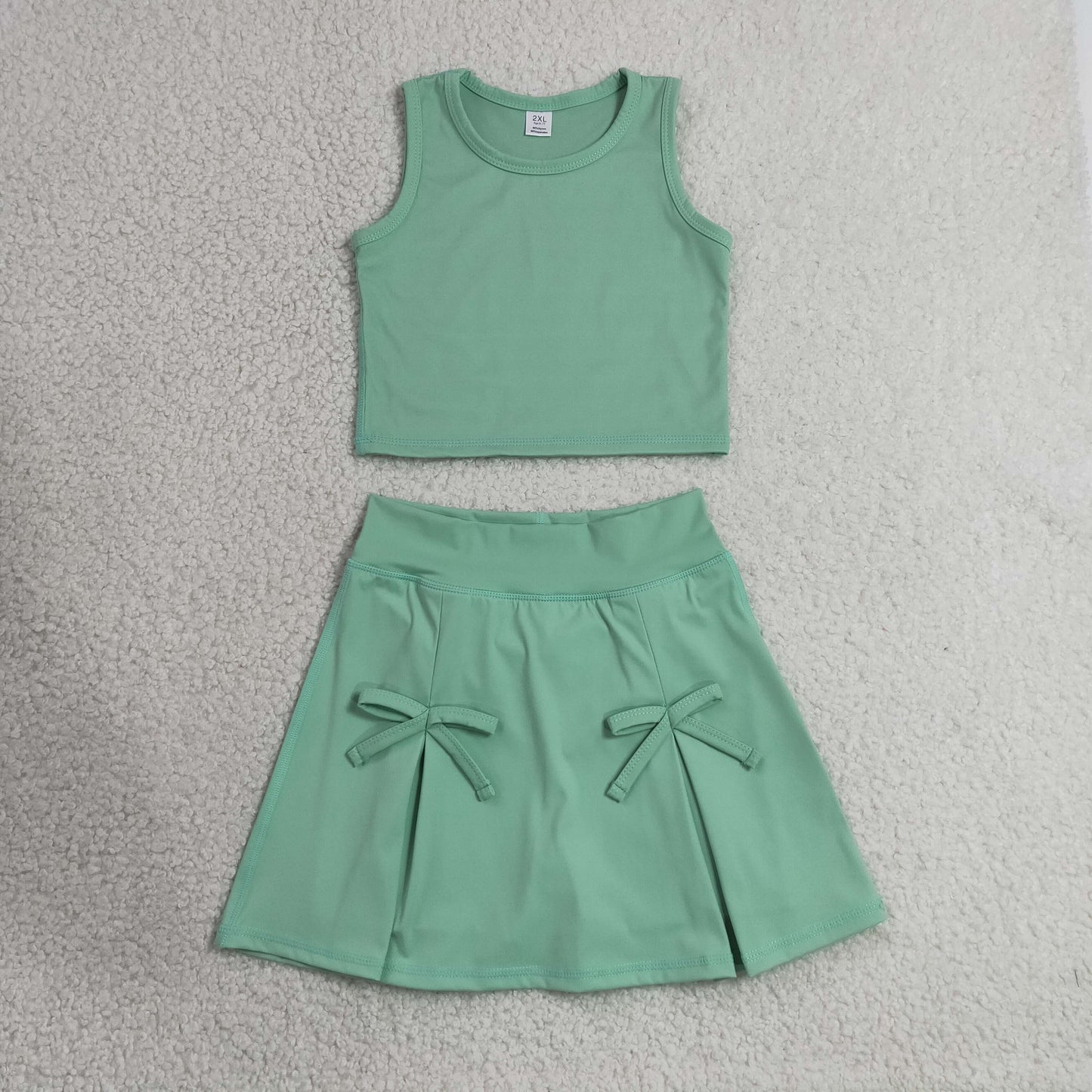 RTS NO MOQ yoga fabric cotton GSD3760 Baby Girls Cute Green Vest Top Bow Skirt Shorts Yoga Active Clothes Set