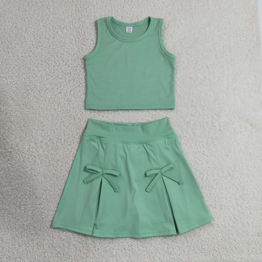 RTS NO MOQ yoga fabric cotton GSD3760 Baby Girls Cute Green Vest Top Bow Skirt Shorts Yoga Active Clothes Set