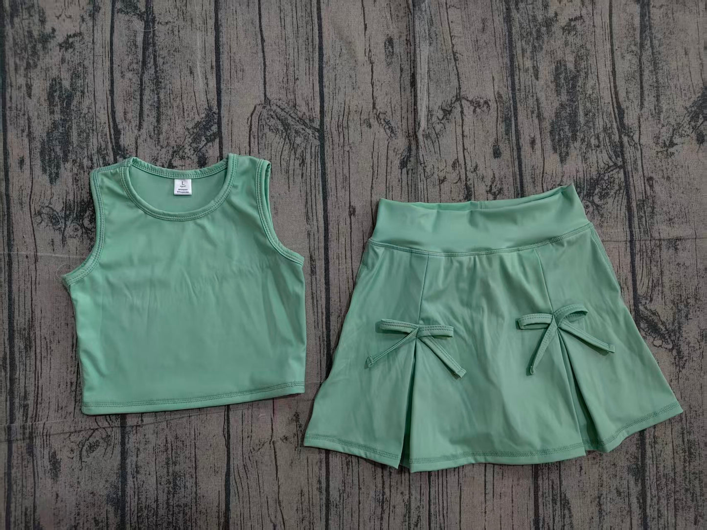 (Pre Order) No moq GSD3760 Yoga Baby Girls Cute Summer Green Vest Top Bow Skirt Shorts Yoga Active Clothes Set