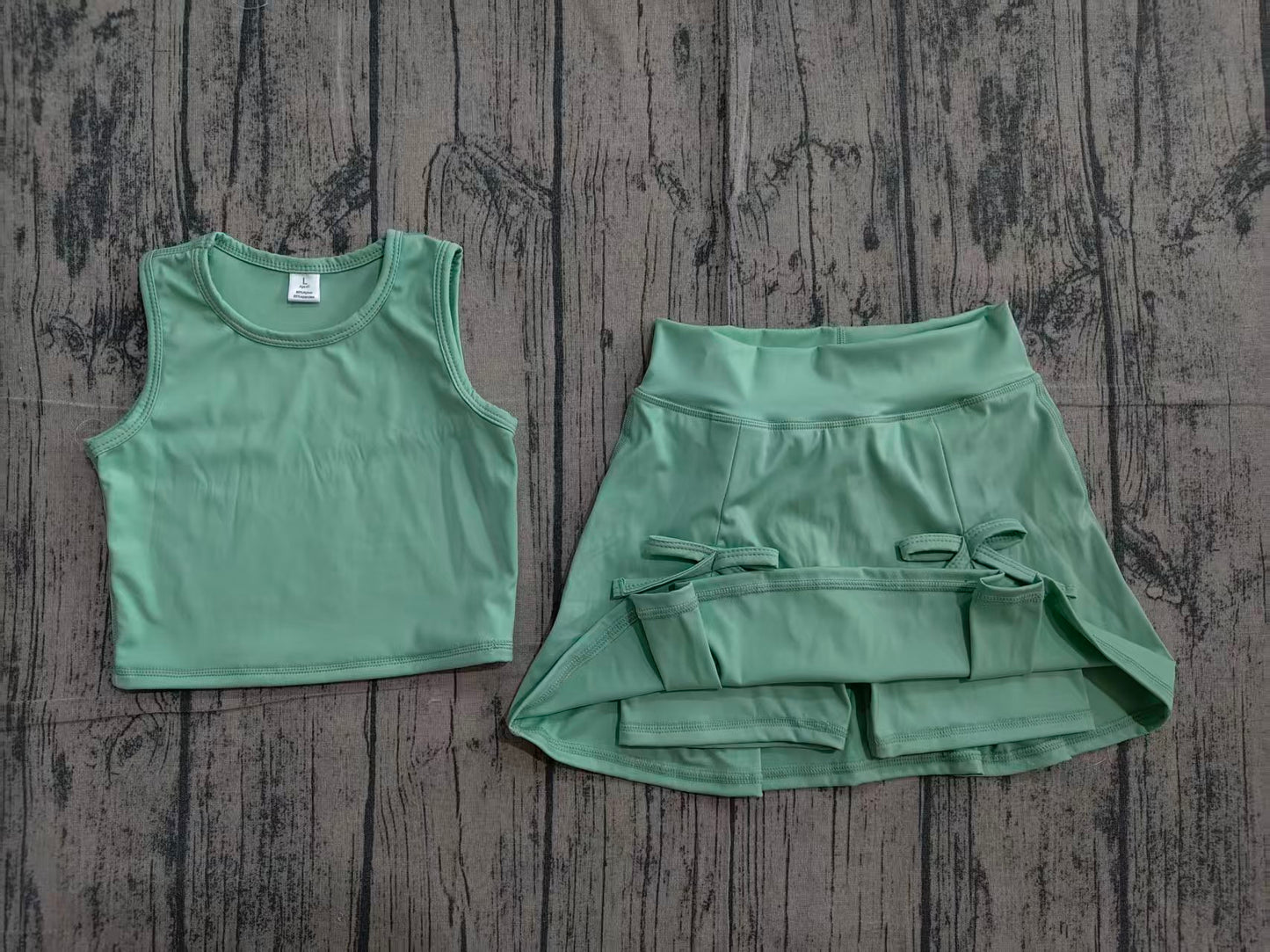 (Pre Order) No moq GSD3760 Yoga Baby Girls Cute Summer Green Vest Top Bow Skirt Shorts Yoga Active Clothes Set