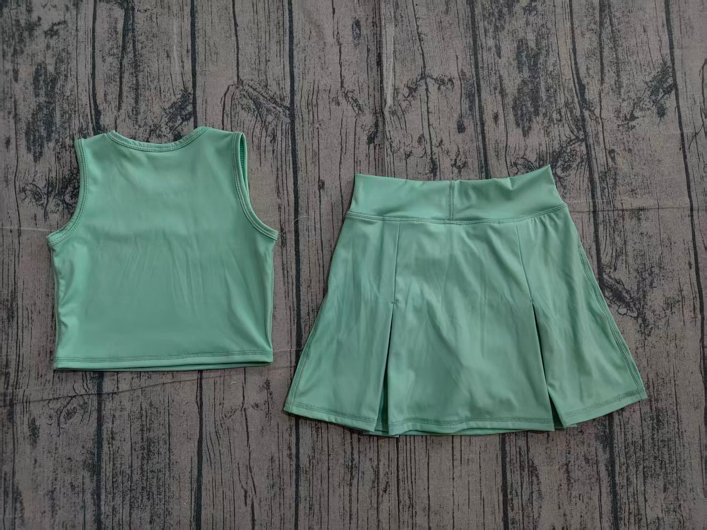 (Pre Order) No moq GSD3760 Yoga Baby Girls Cute Summer Green Vest Top Bow Skirt Shorts Yoga Active Clothes Set