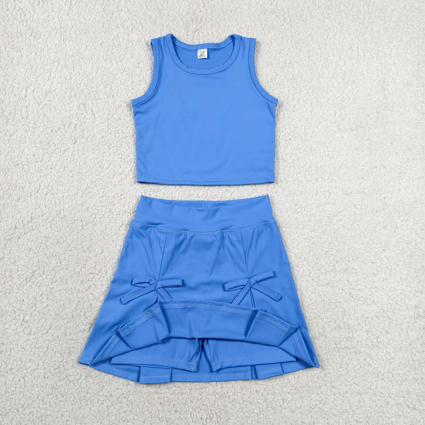 RTS NO MOQ yoga fabric cotton GSD3761 Baby Girls Blue Vest Top Bow Skort Yoga Active Set