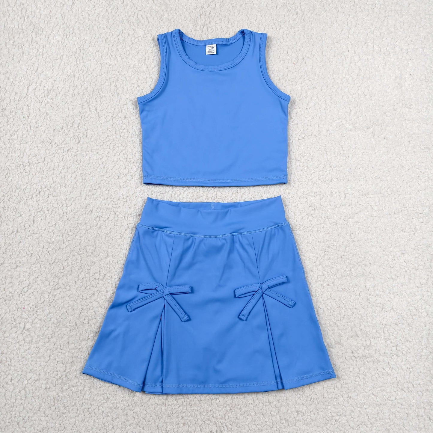 RTS NO MOQ yoga fabric cotton GSD3761 Baby Girls Blue Vest Top Bow Skort Yoga Active Set