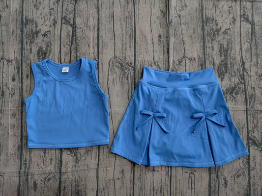 (Pre Order) No moq GSD3761 Yoga Baby Girls Blue Vest Top Bow Decor Skort Yoga Active Set