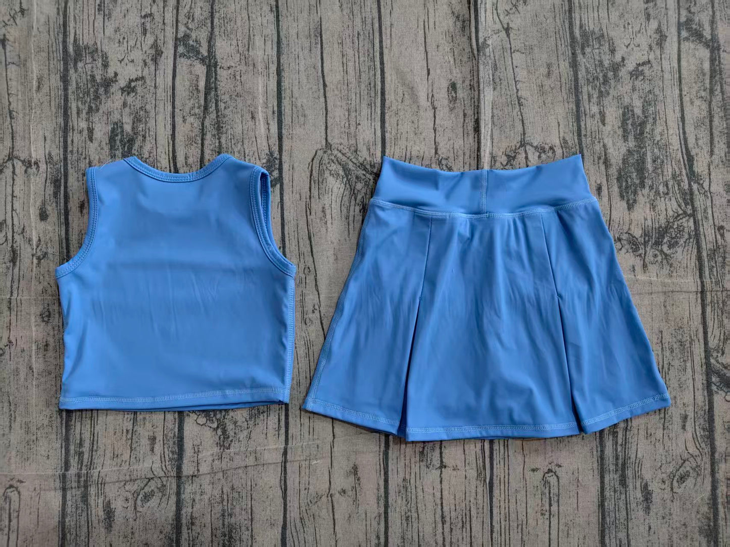 (Pre Order) No moq GSD3761 Yoga Baby Girls Blue Vest Top Bow Decor Skort Yoga Active Set