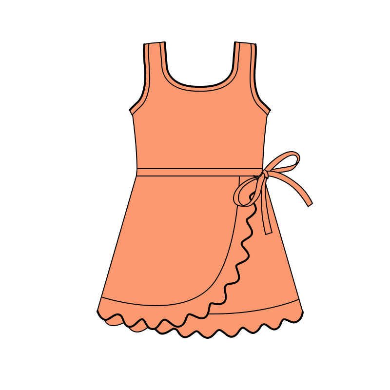 (Pre Order) No moq GSD3767 Toddler Girls Orange Sleeveless Scallop Trim Sports Knee Length Dress