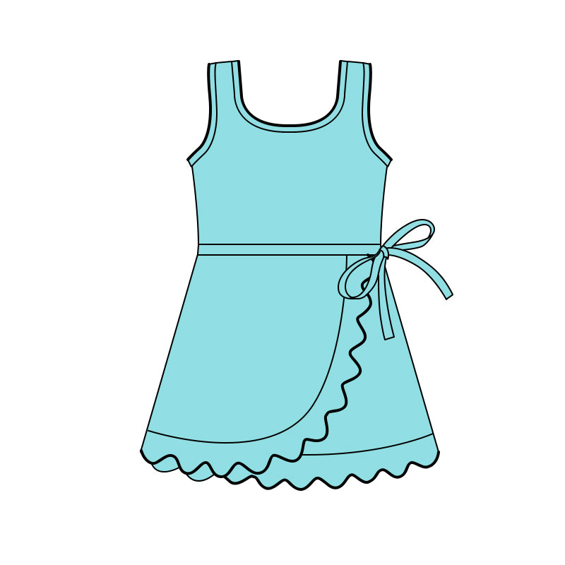 (Pre Order) No moq GSD3768 Baby Girls Blue  Sleeveless Scallop Trim Sports Knee Length Dress